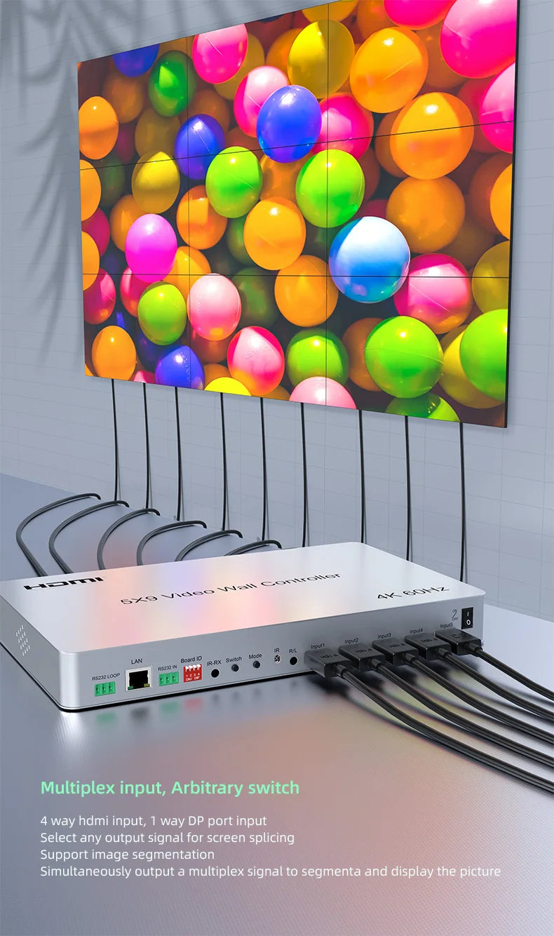 4K@60Hz 5x9 Video Wall Controller 1x1 1x2 1x3 2x2 2x3 3x3 2x4 HDMI TV Splicing Processor with HDMI+DP Port RS232 Remote Control