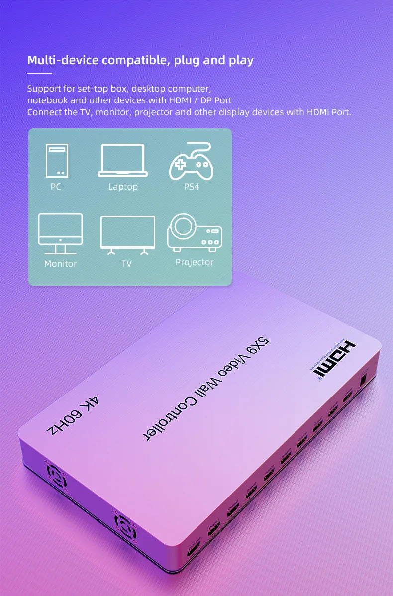 4K@60Hz 5x9 Video Wall Controller 1x1 1x2 1x3 2x2 2x3 3x3 2x4 HDMI TV Splicing Processor with HDMI+DP Port RS232 Remote Control