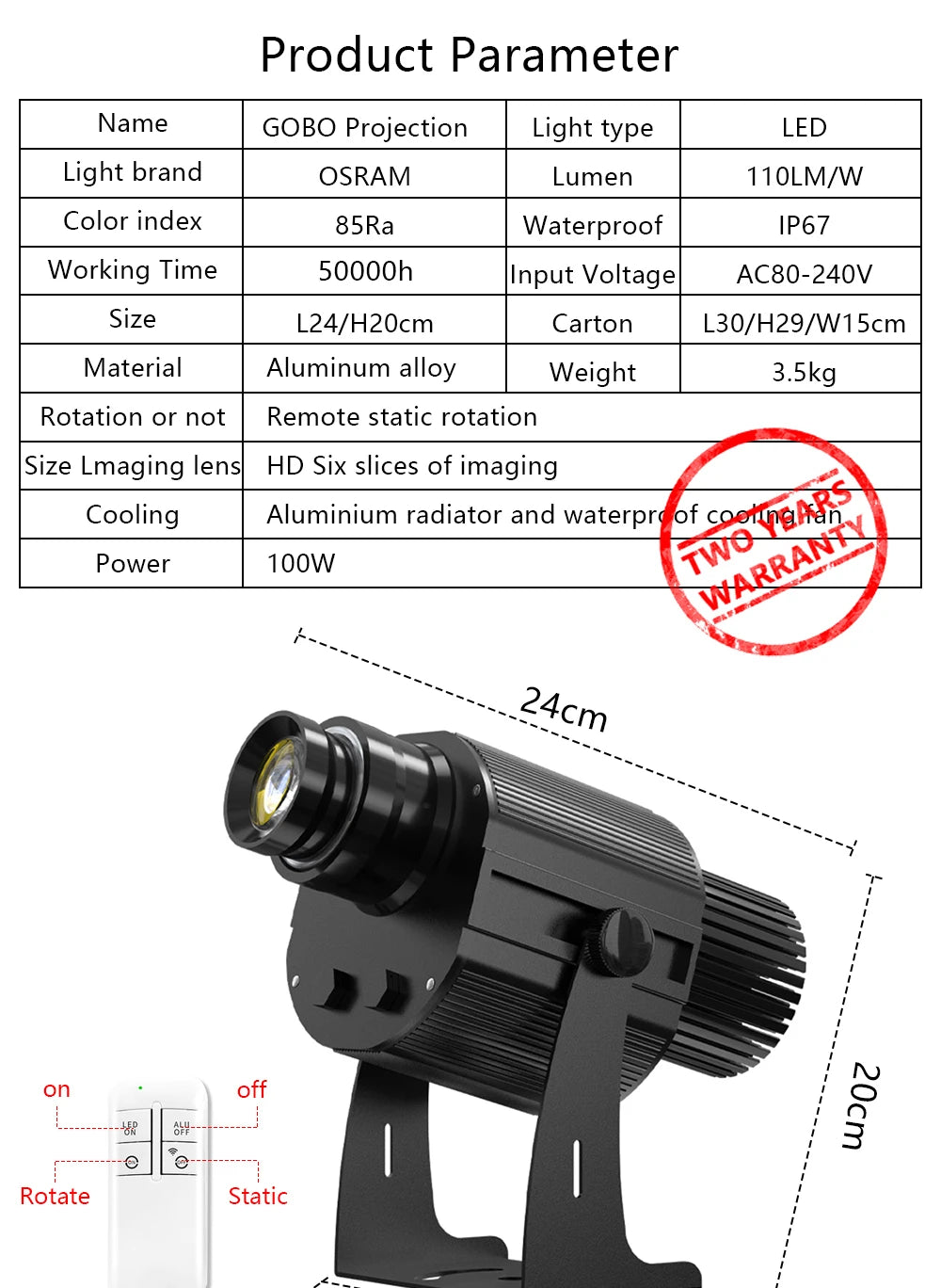 Custom  100Watt Led HD Indoor Door Head Outdoor ip67 Waterproof Rotating Advertising Image Projection Lamp Gobo Logo Projector