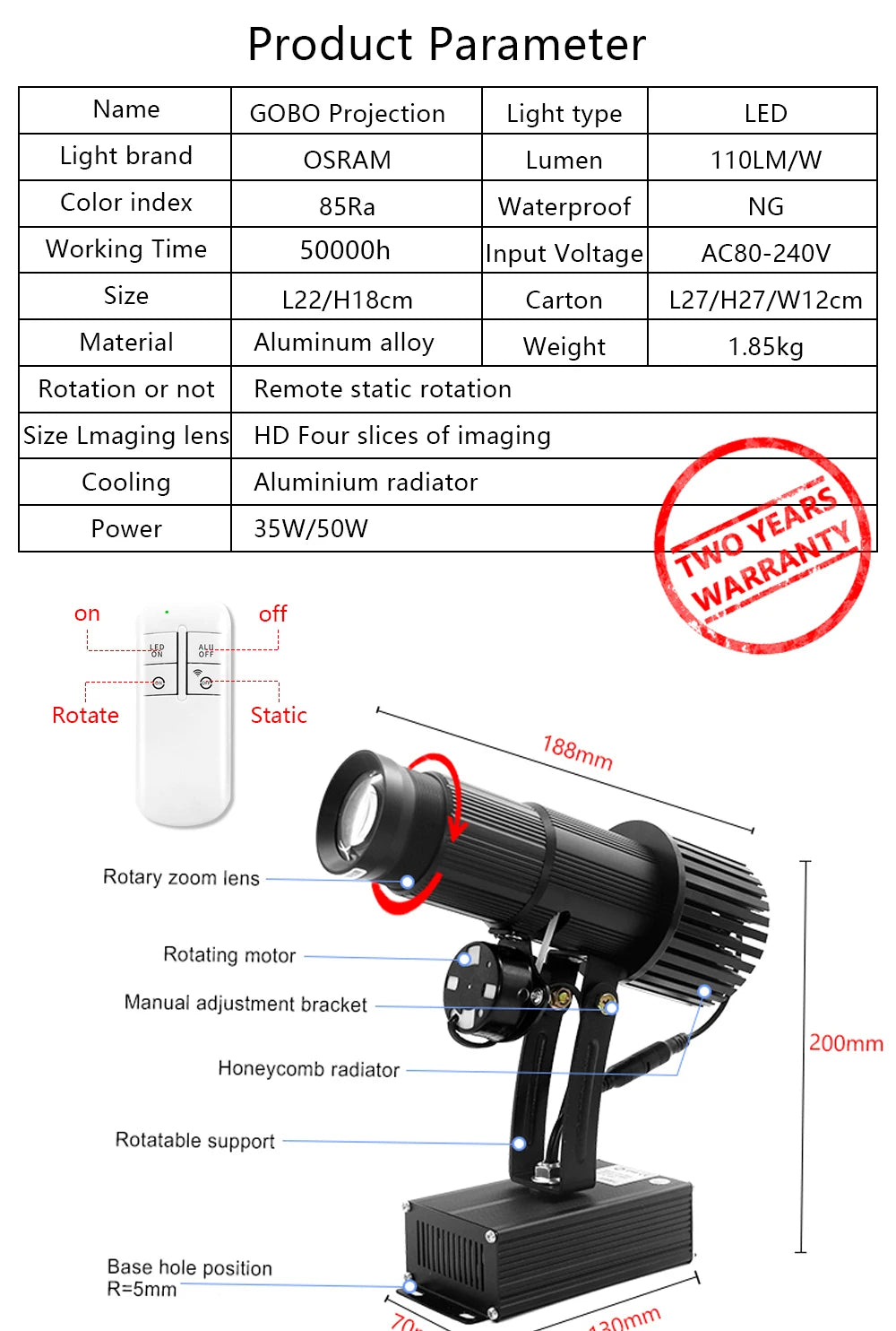 Custom  Led HD Indoor Door Head  Rotating Advertising Image Projection Lamp Gobo Logo Projector