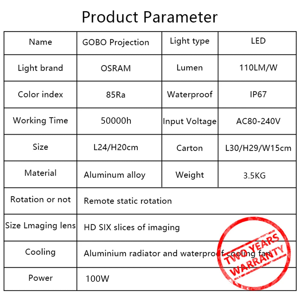 Custom  100Watt Led HD Indoor Door Head Outdoor ip67 Waterproof Rotating Advertising Image Projection Lamp Gobo Logo Projector