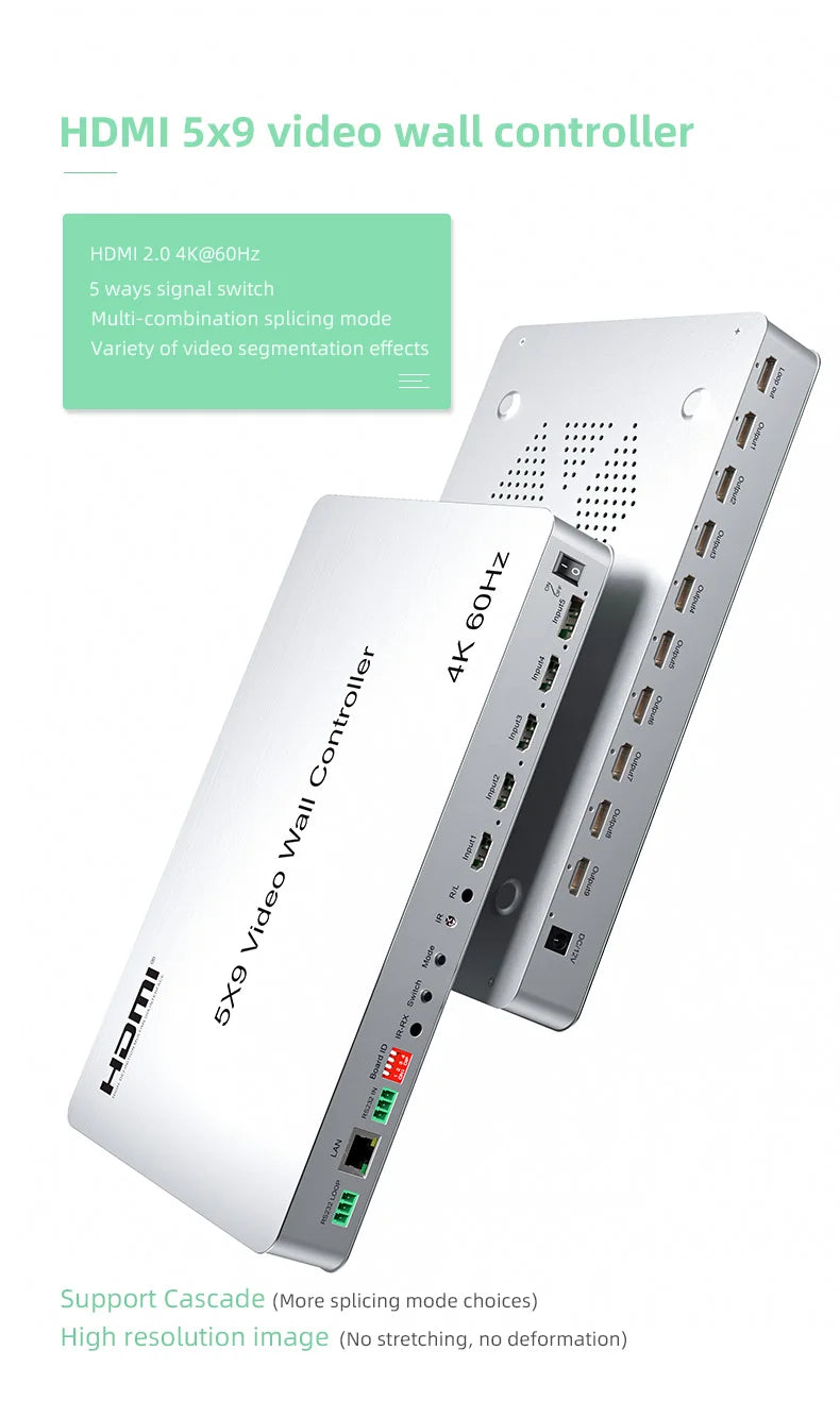 4K@60Hz 5x9 Video Wall Controller 1x1 1x2 1x3 2x2 2x3 3x3 2x4 HDMI TV Splicing Processor with HDMI+DP Port RS232 Remote Control