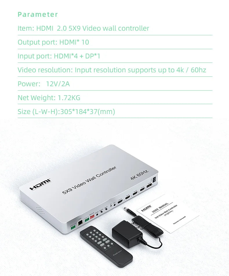 4K@60Hz 5x9 Video Wall Controller 1x1 1x2 1x3 2x2 2x3 3x3 2x4 HDMI TV Splicing Processor with HDMI+DP Port RS232 Remote Control