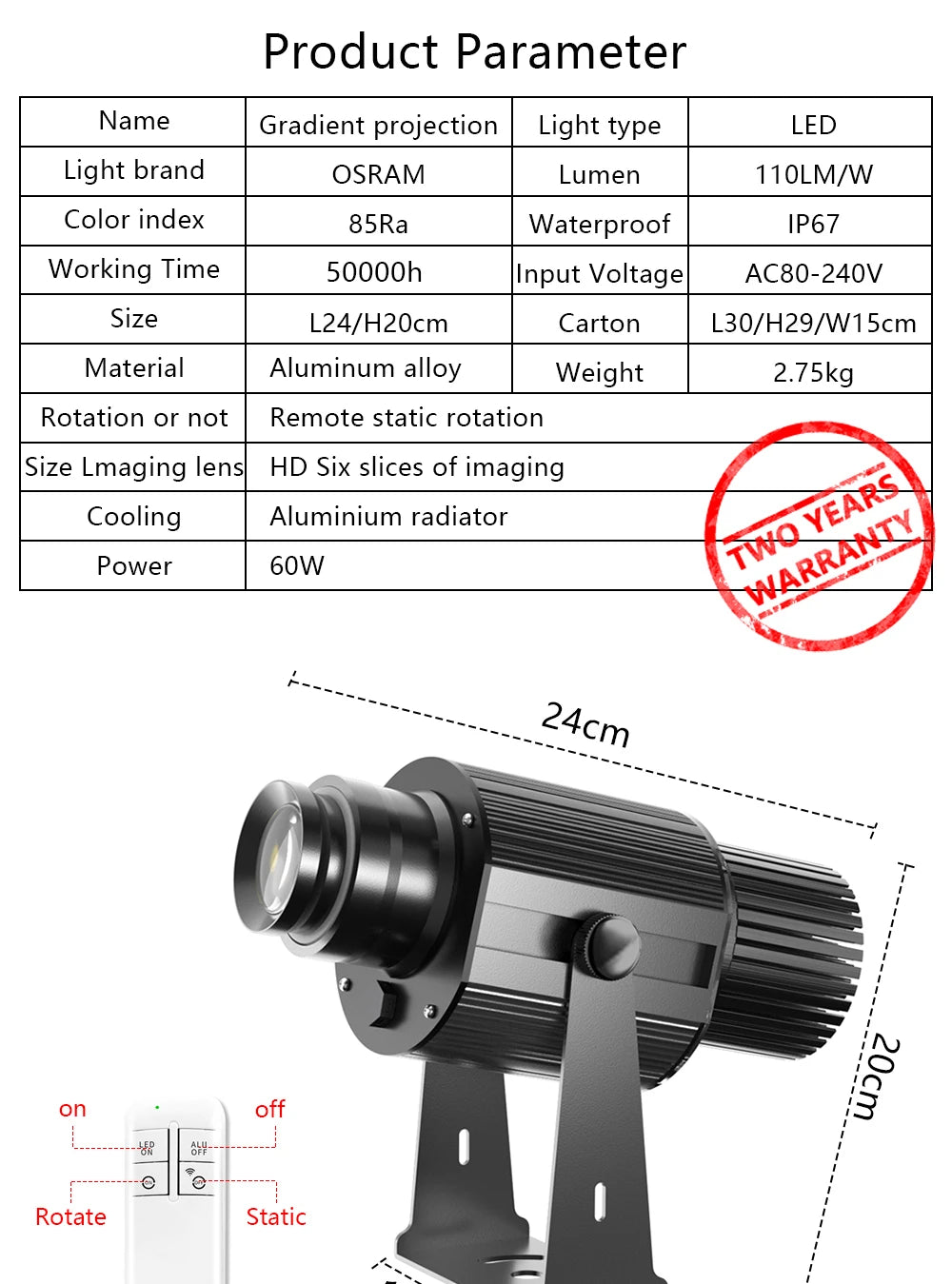 Custom 60W Led HD Color Chang Indoor And Outdoor ip67 Waterproof Rotating Advertising Image Projection Lamp Gobo Logo Projector