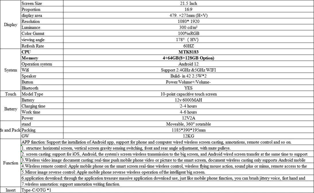 21.5inch stand by me tv screen advertising screen 64G memory android
