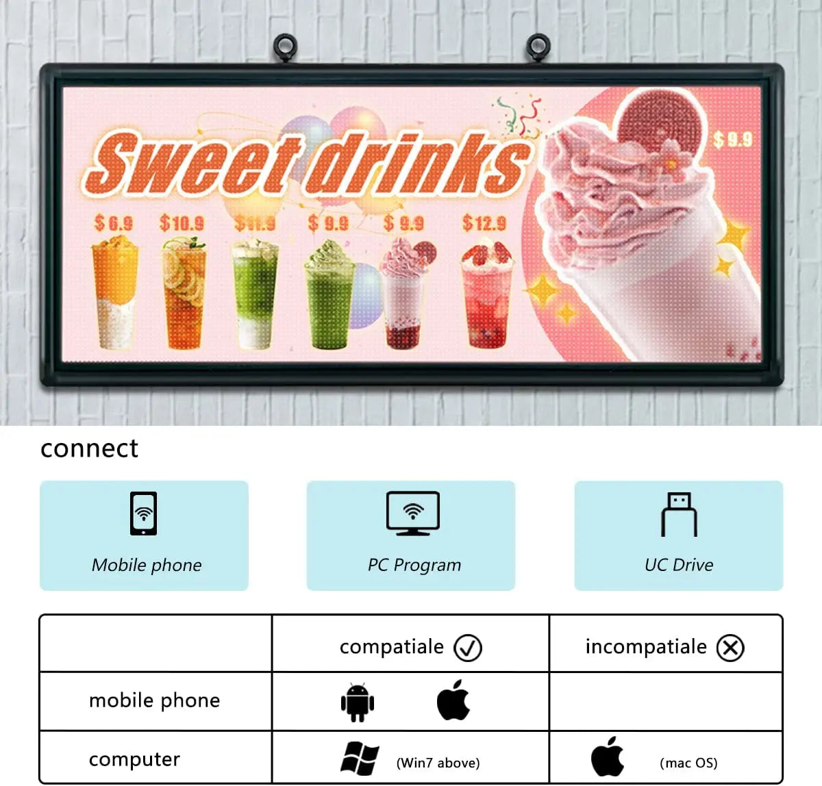 P6 Outdoor LED Sign Full Color 40'' x 18'' WiFi Scrolling LED Display With High Resolution High Brightness Programmable LED Sign