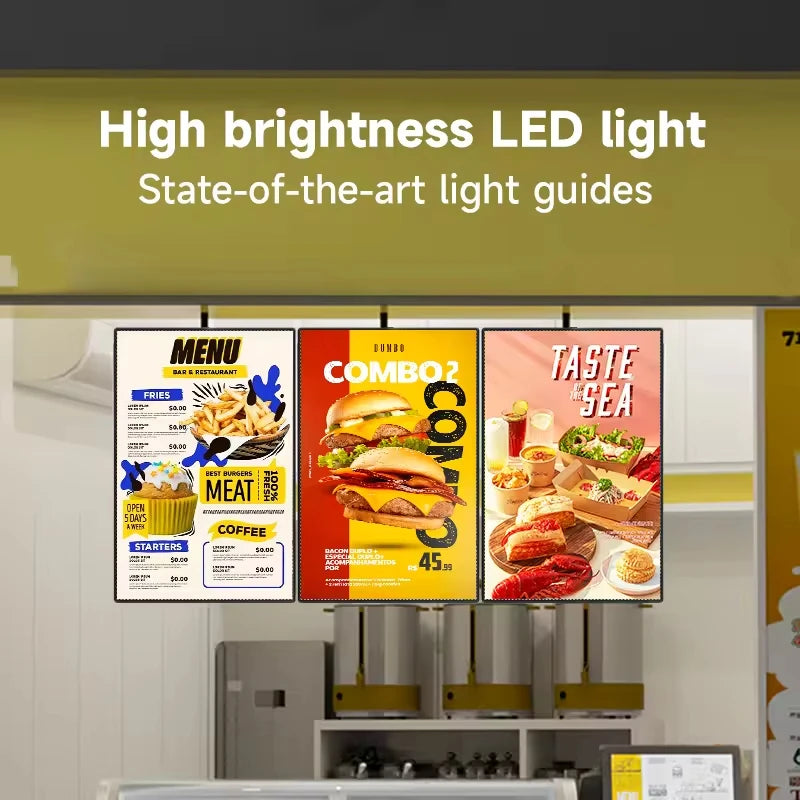 Ultra-thin LED Advertising Light Box Tempered Glass Screen Restaurant LED Menu Boards Lighted Poster Display Hanging Billboards