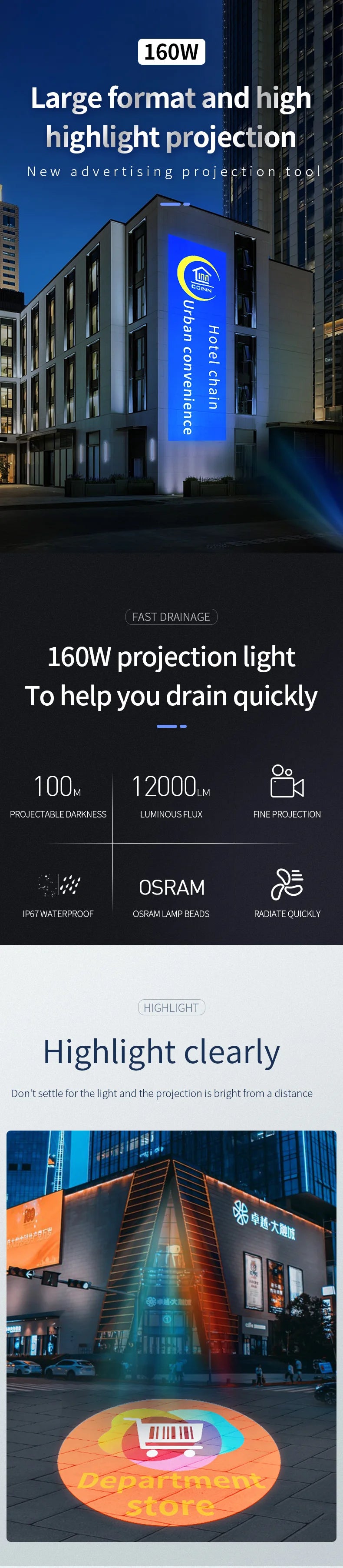 Outdoor Waterproof 160w Rotating Gobo Projector Custom Led Advertising Image Sign Far Distance Logo Light Projector