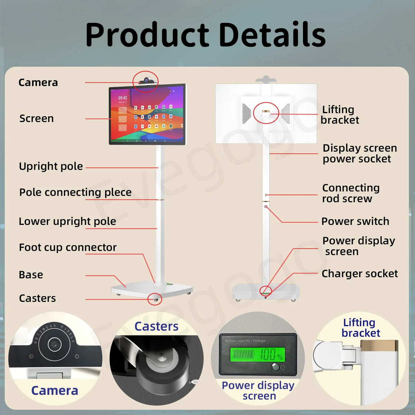Portable TV Touch Screen 27in 32in Professional Stand Smart Display Tablet with Wheels Large Battery for Home Business